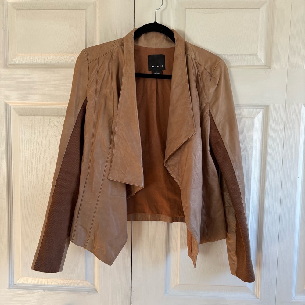 Trouvé Genuine Leather Tan Nude Draped Open Front Flyaway Collar Biker Jacket‎ M